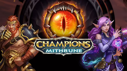 Champions of Mithrune: guerriero e maga in pose dinamiche, sfondo con simbolo del gioco